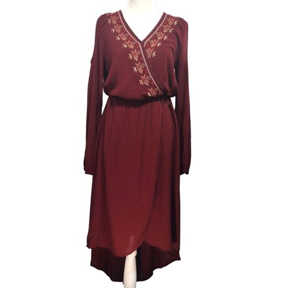 Knox Rose Burgundy High Low Gauzy Cold Shoulder Dress Sz XS - Picture 1 of 7